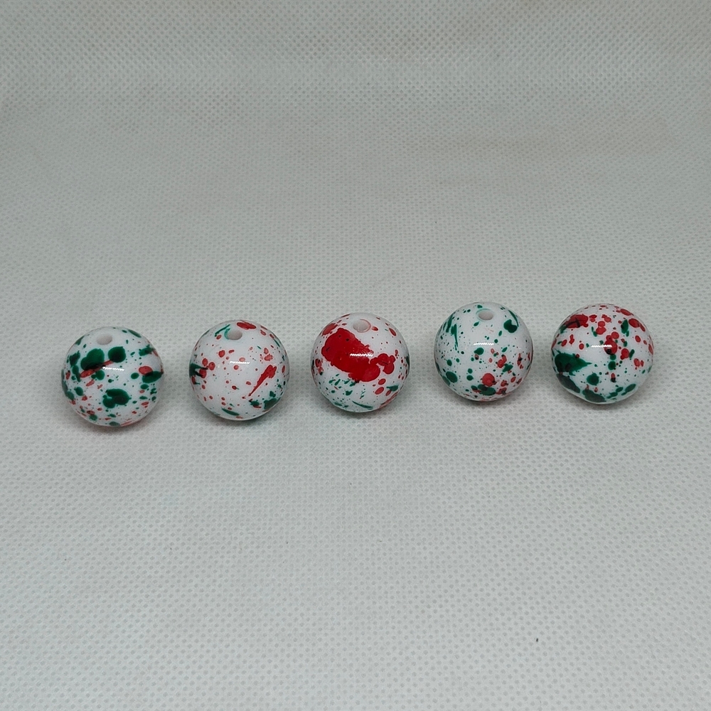 20mm Acrylic Bubblegum Festive Red & Green Splatter Pattern Beads - 5 Pieces